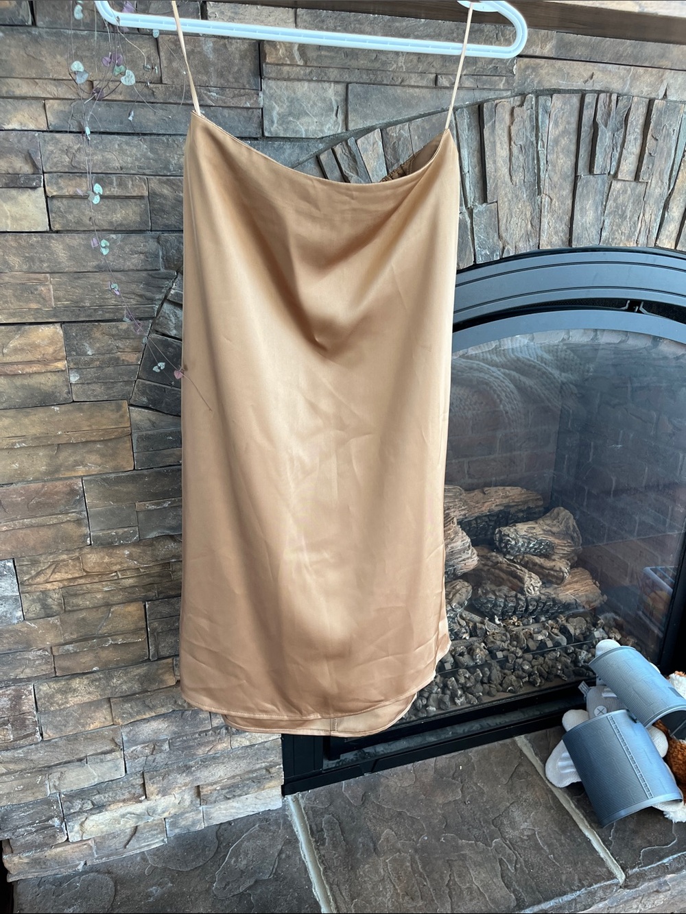 Dress Forum Satin Slip Midi Skirt in Camel Tan